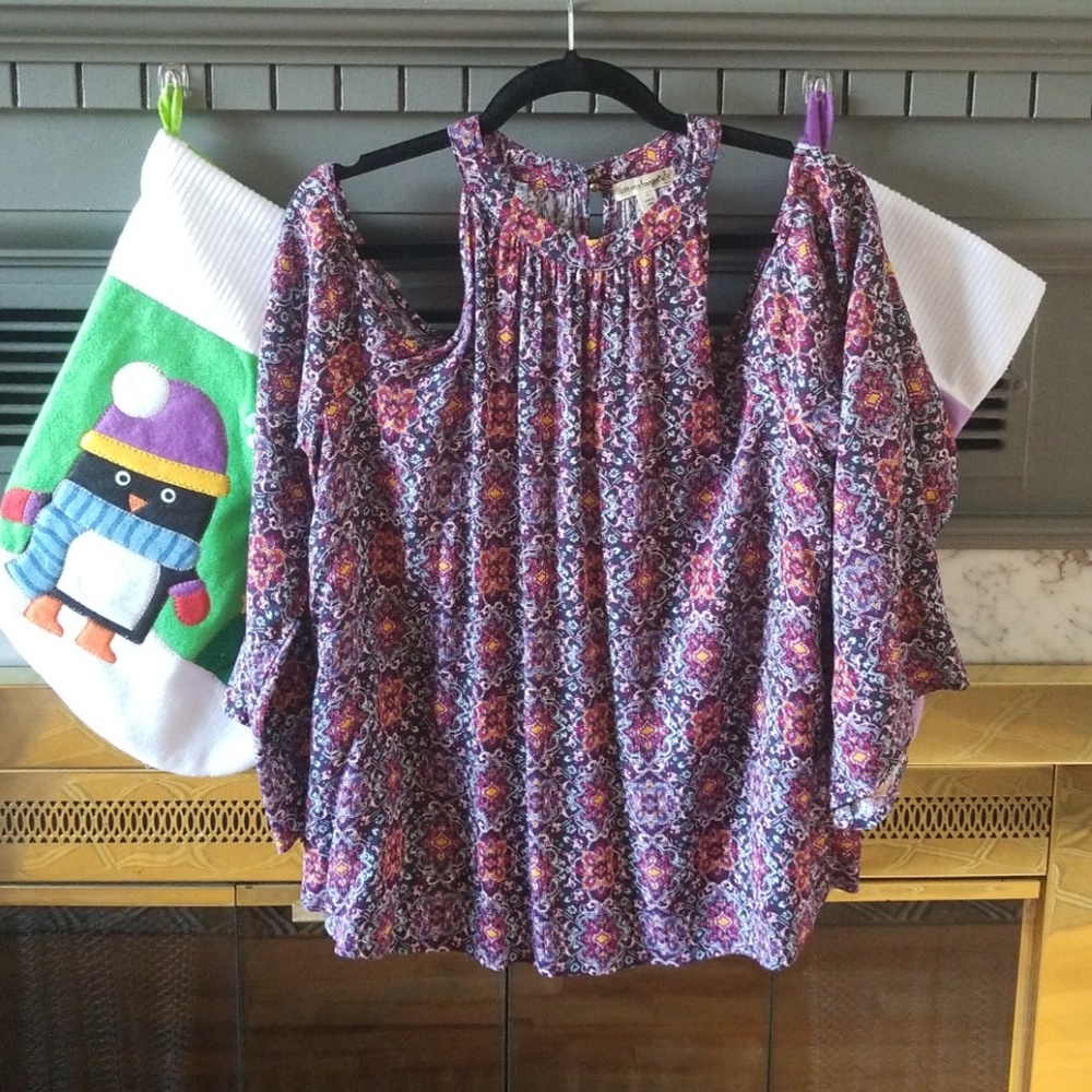 Purple,Cold shoulder,bell sleeve swing top